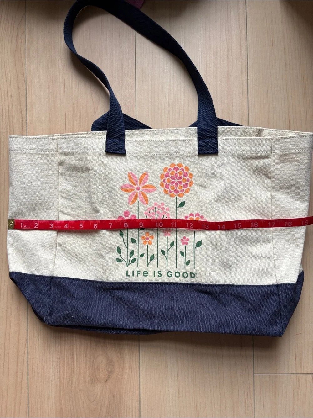 Life Is Good Canvas Tote. Blue & Off White With Floral Print.